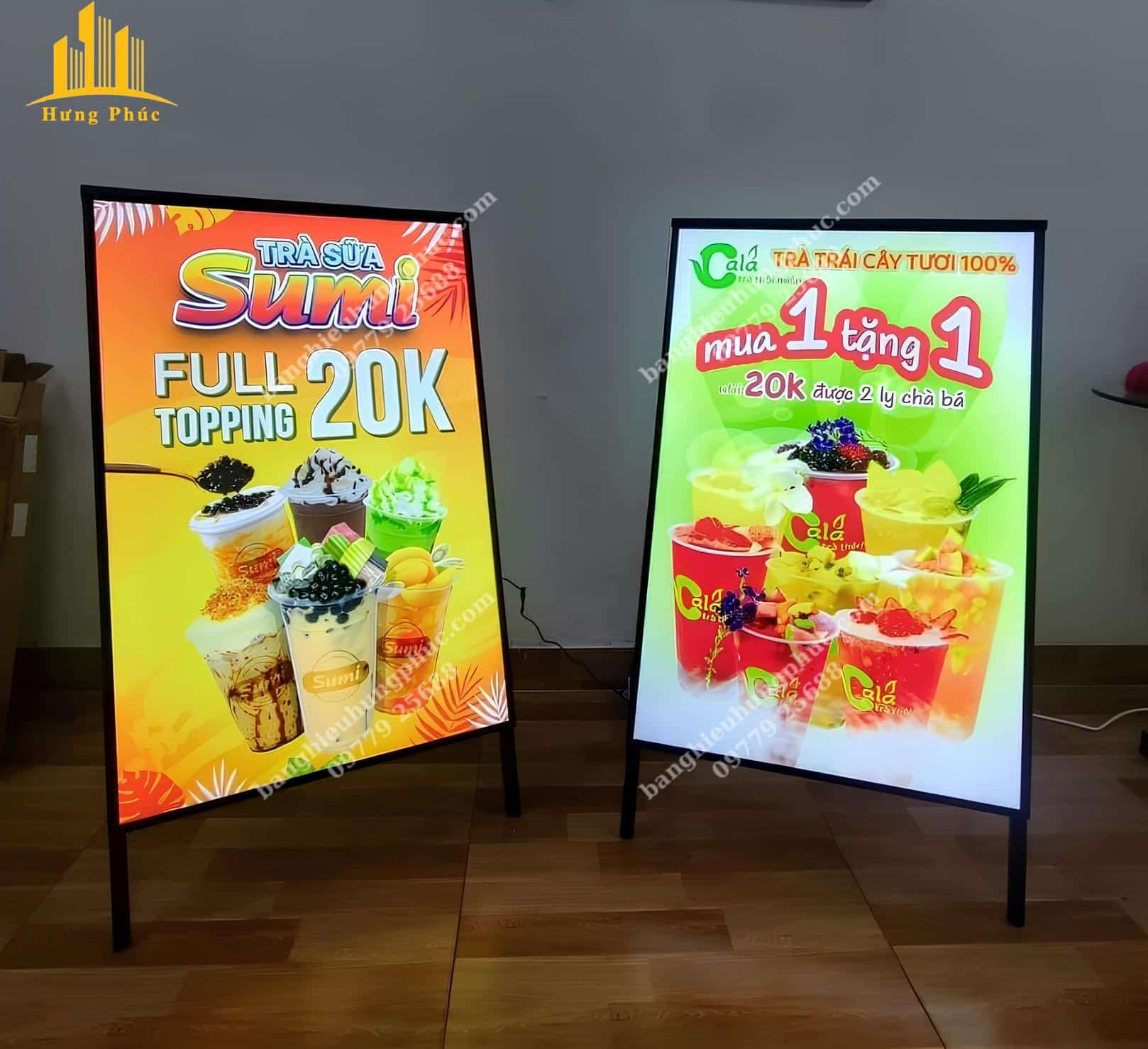 Bảng hiệu trà sữa dạng hộp đèn chân đứng chữ A