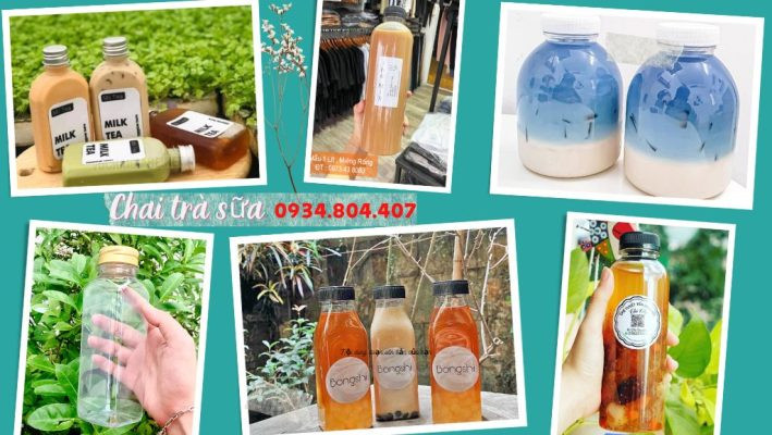 Bộ sưu tập các mẫu chai nhựa PET đa dạng dùng để đựng trà sữa, nước ép trái cây.