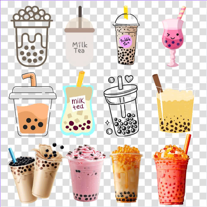 Bộ sưu tập các mẫu ly trà sữa PNG đẹp mắt, đa dạng kiểu dáng, từ cốc nhựa đến thủy tinh, phù hợp cho thiết kế menu.