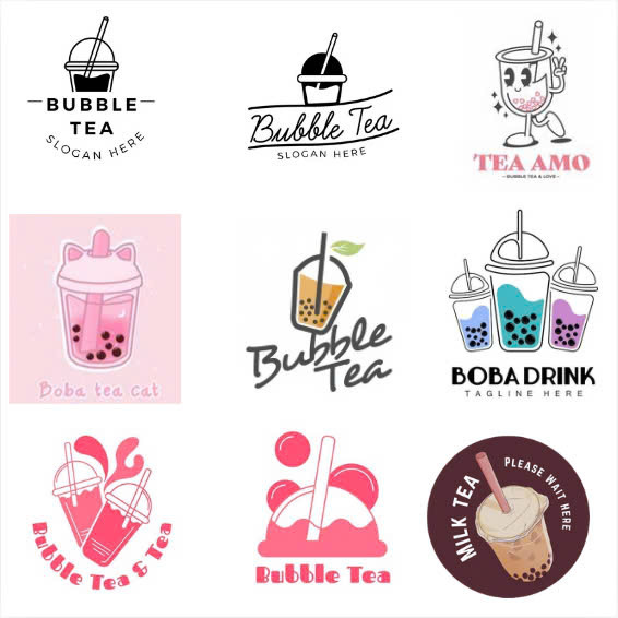 Các biến thể logo trà sữa đẹp mắt, sử dụng hình ảnh ly trà sữa PNG để tạo nhận diện thương hiệu mạnh mẽ và thân thiện.