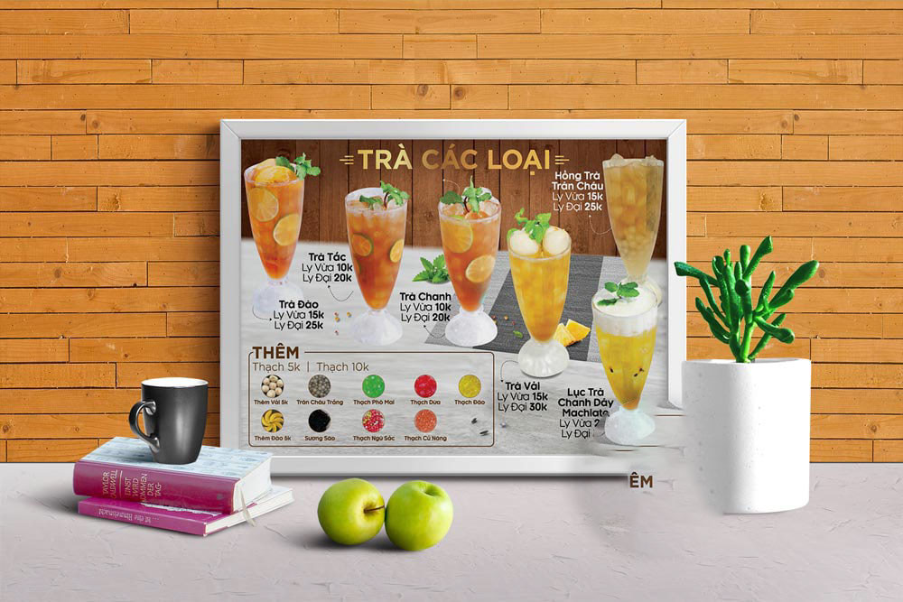 Các loại ấn phẩm quảng cáo sử dụng nền thiết kế đồng bộ cho thương hiệu trà sữa