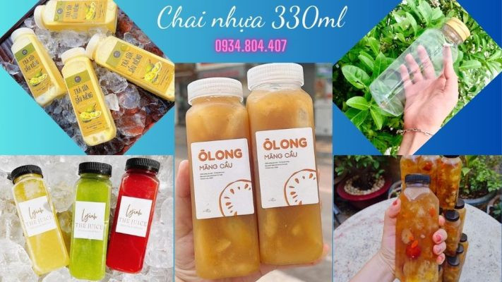 Chai nhựa 330ml dáng vuông cổ rộng, thiết kế hiện đại cho trà sữa và cà phê đóng chai.