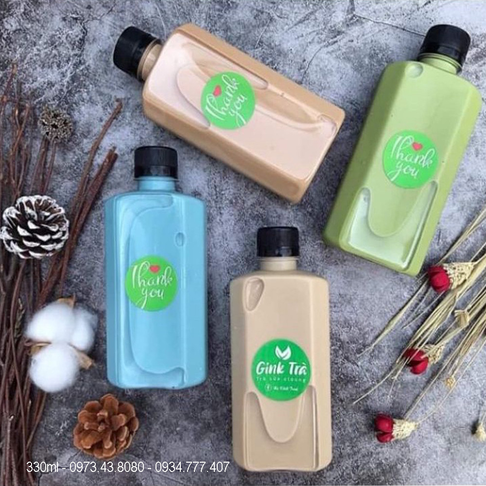 Chai nhựa dẹp cổ vuông 330ml hình chữ nhật, giải pháp đóng gói tiện lợi cho trà sữa.