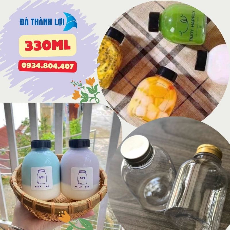 Chai nhựa hình trụ vuông cổ vát 330ml, phù hợp đựng nước ép và các loại trà sữa.