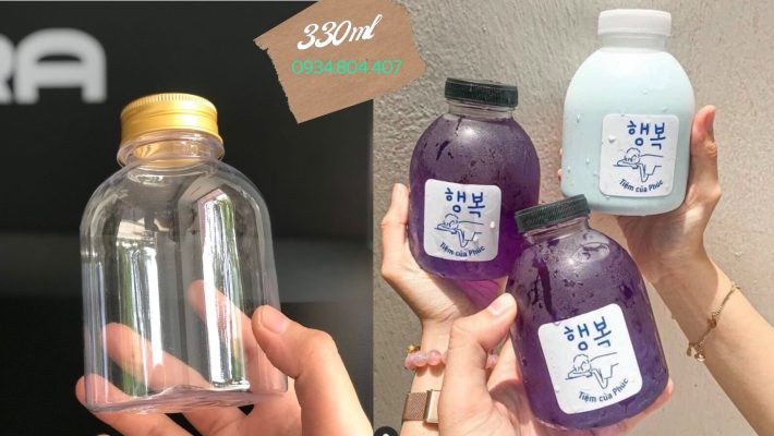 Chai nhựa tròn lùn 330ml miệng rộng, thích hợp cho trà sữa và sữa hạt.