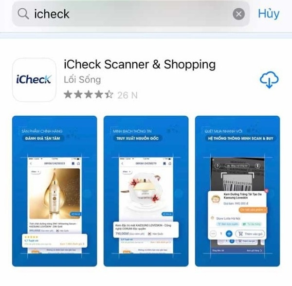 Giao diện ứng dụng iCheck trên điện thoại với biểu tượng quét mã nổi bật, sẵn sàng kiểm tra sữa