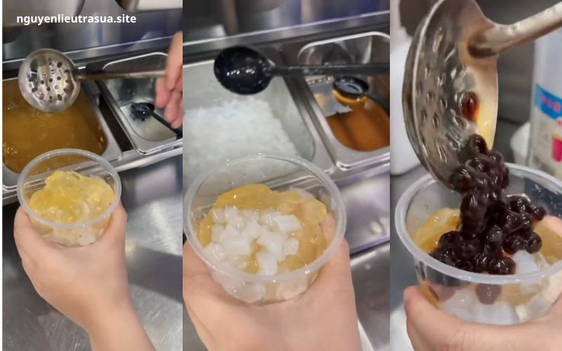Hình ảnh các loại topping phổ biến cho trà sữa, bao gồm trân châu đen, trân châu trắng, và thạch dừa