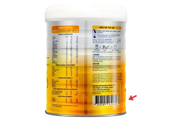 Hộp sữa Growplus với mã vạch có ba số đầu là 735, thể hiện nguồn gốc sản phẩm từ Thụy Điển, giúp kiểm tra sữa thật giả