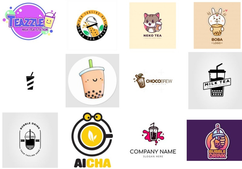 Logo trà sữa với hình ảnh ly nước đầy màu sắc và font chữ nghệ thuật
