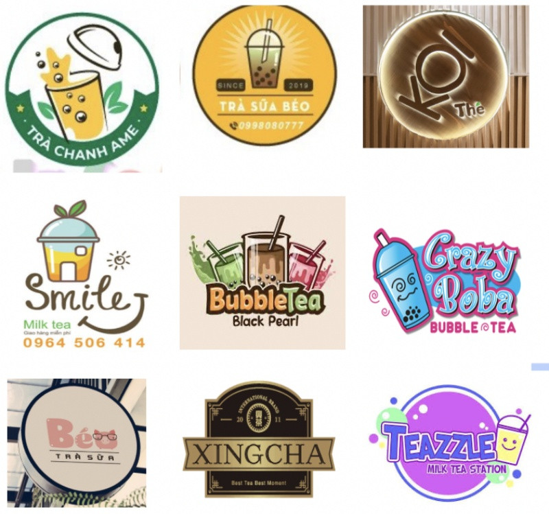 Mẫu logo trà sữa hiện đại với chữ viết tay và biểu tượng độc đáo