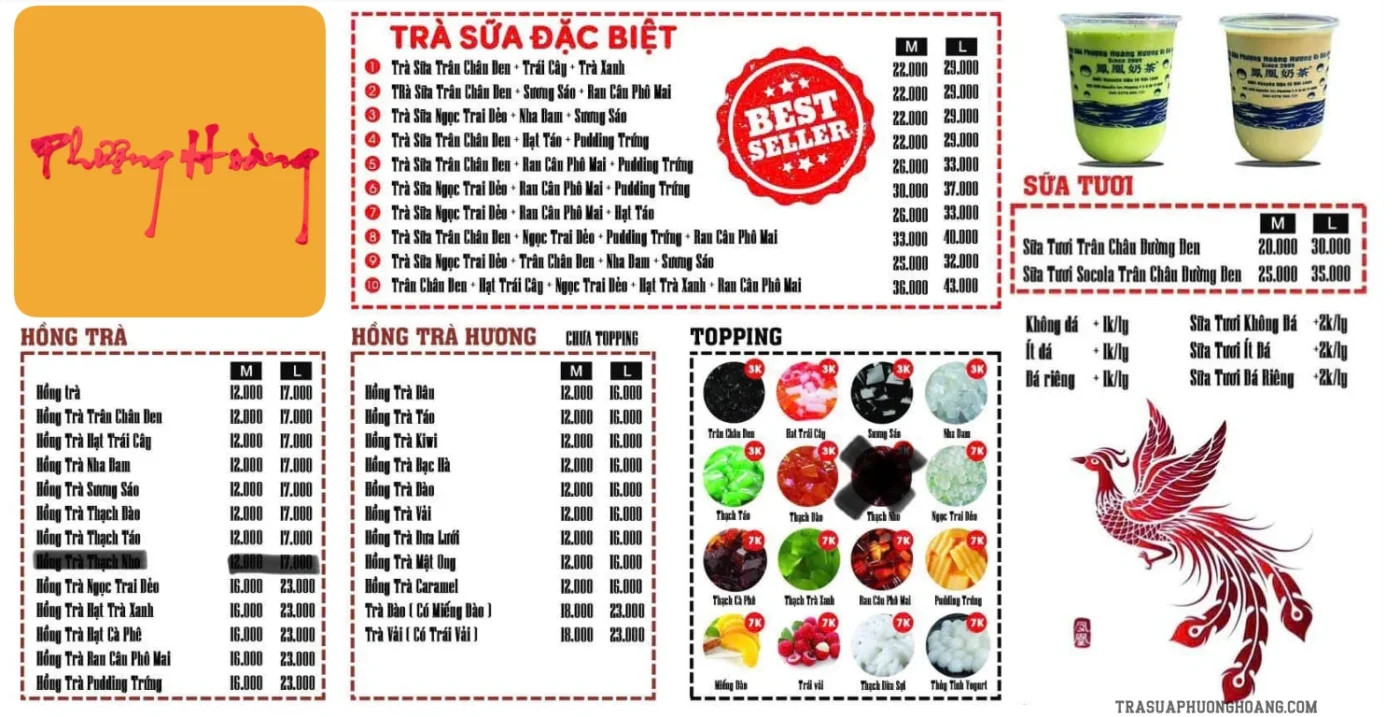 Menu tổng hợp các món trà sữa Phượng Hoàng đa dạng