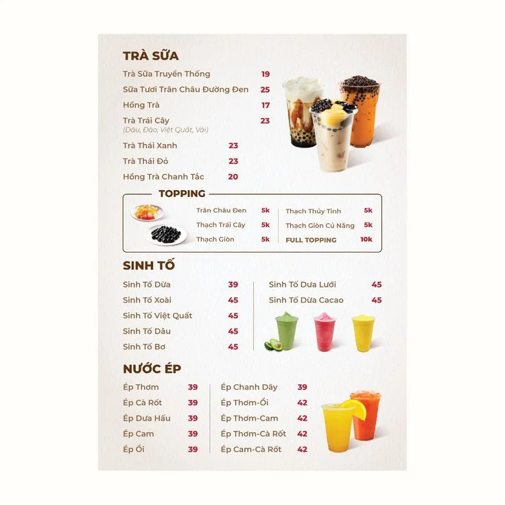 Menu trà sữa ăn vặt phong cách take away