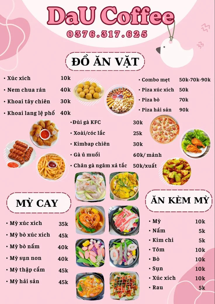 Menu trà sữa ăn vặt tông màu nhẹ nhàng, dễ chịu