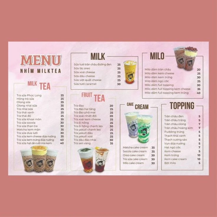 Menu trà sữa dễ đọc, nổi bật chữ và giá cả