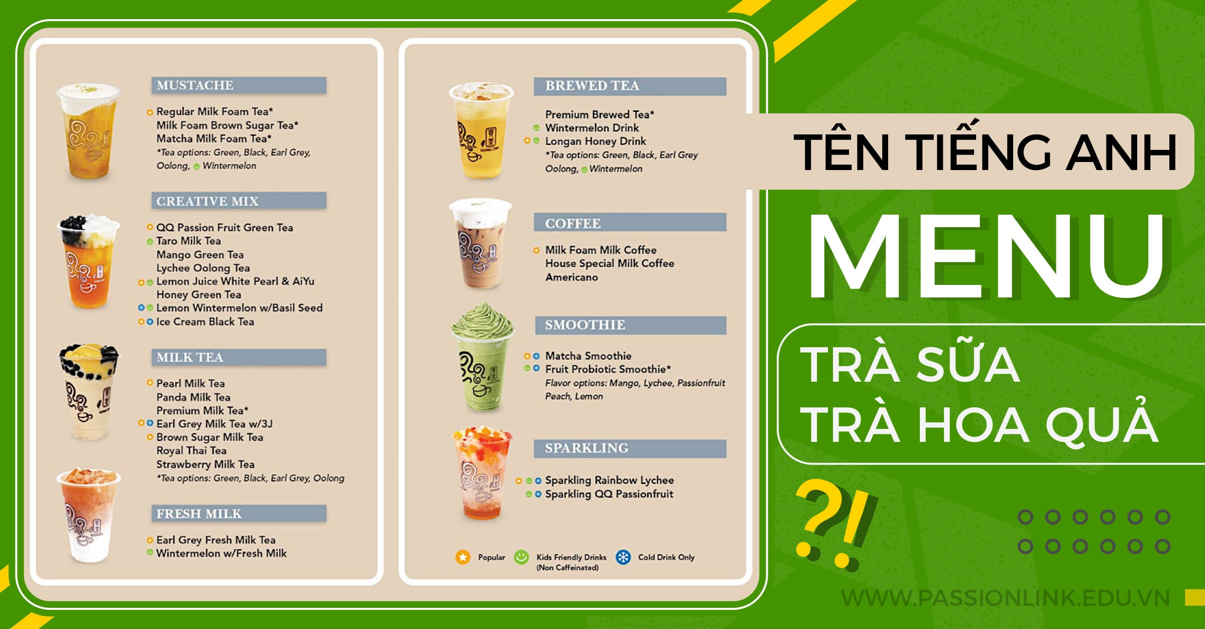 Menu trà sữa tiếng Anh với các loại topping và hương vị đa dạng