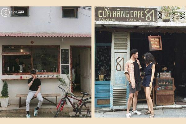 Một người đang tạo dáng chụp ảnh check-in tại cổng quán cafe, thể hiện phong cách sống ảo.