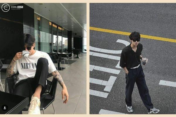 Một người đang tạo dáng kiểu bị chụp lén, tương tác với ly trà sữa, mang phong cách paparazzi độc đáo tại quán cafe.