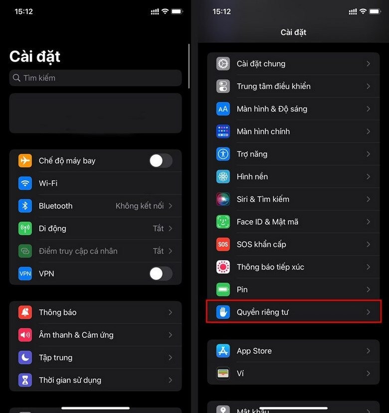 Mục cài đặt quyền riêng tư trên iPhone giúp nhận biết dấu hiệu sửa chữa