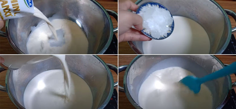Nấu hỗn hợp sữa và đường phèn cho món thạch khúc bạch trà sữa