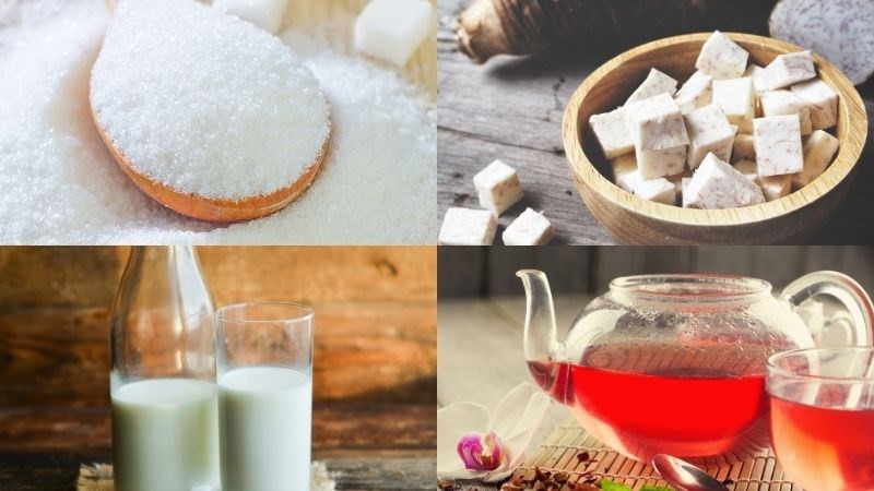 Nguyên liệu làm trà sữa khoai môn trân châu gồm hồng trà, khoai môn, bột khoai môn và trân châu đen.
