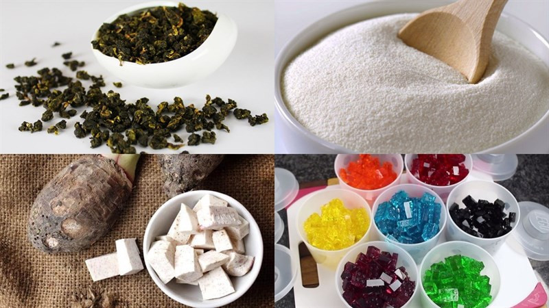 Nguyên liệu pha chế trà sữa khoai môn bao gồm khoai môn, trà ô long, bột kem béo và sữa đặc.