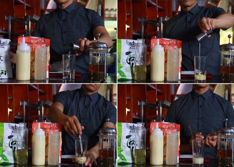 Pha các nguyên liệu sữa và đường vào ly cho trà sữa hoa nhài
