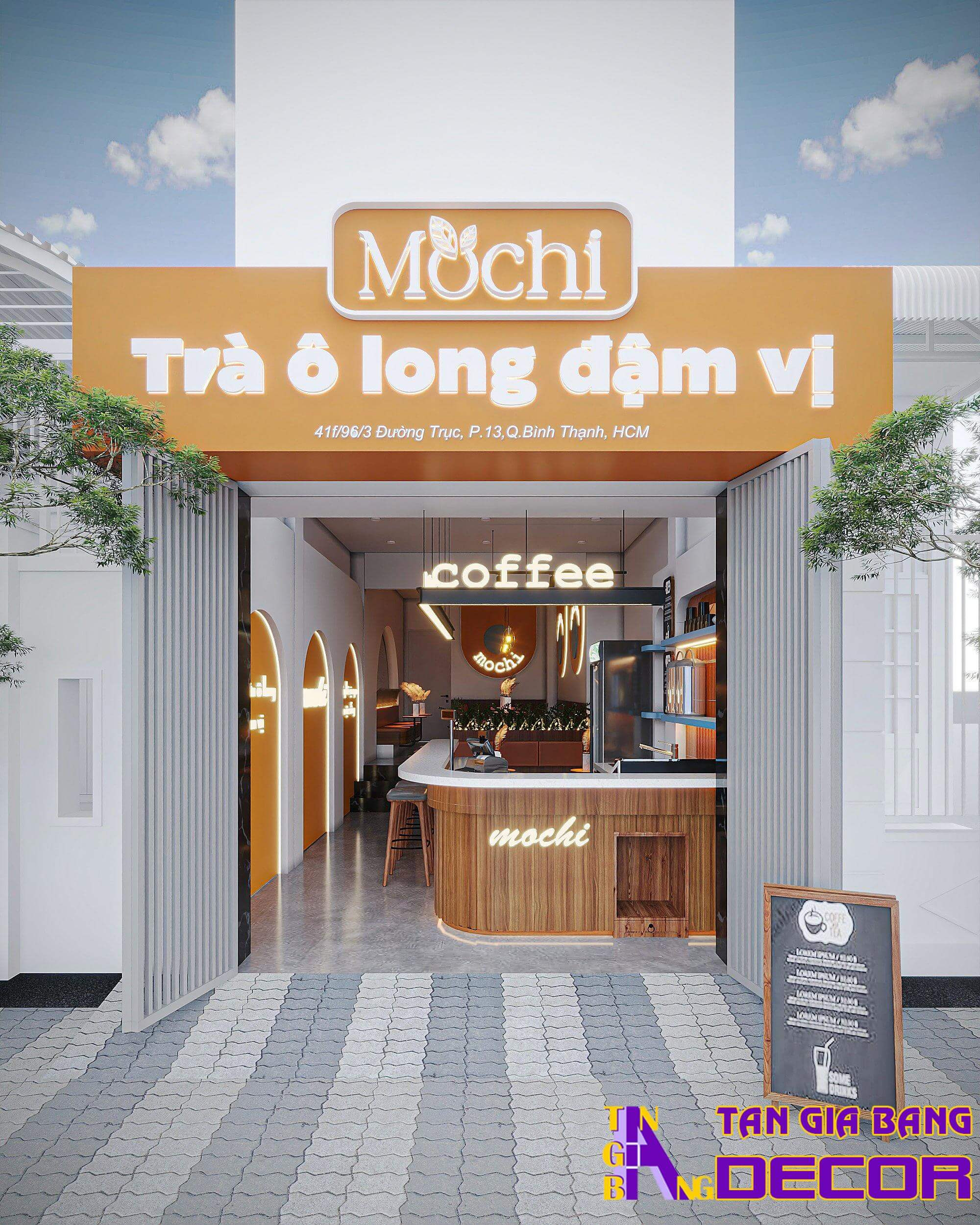 Setup quán trà sữa nhỏ tông màu cam