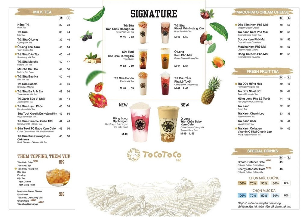 Thực đơn đa dạng tại một tiệm trà sữa gần đây, nổi bật với các lựa chọn đồ uống phong phú.