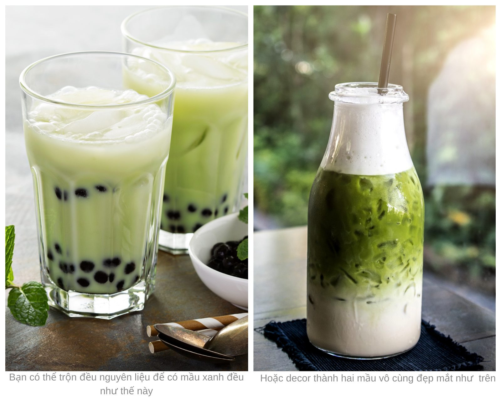 Trà sữa matcha với topping hấp dẫn, sử dụng bột sữa pha trà sữa