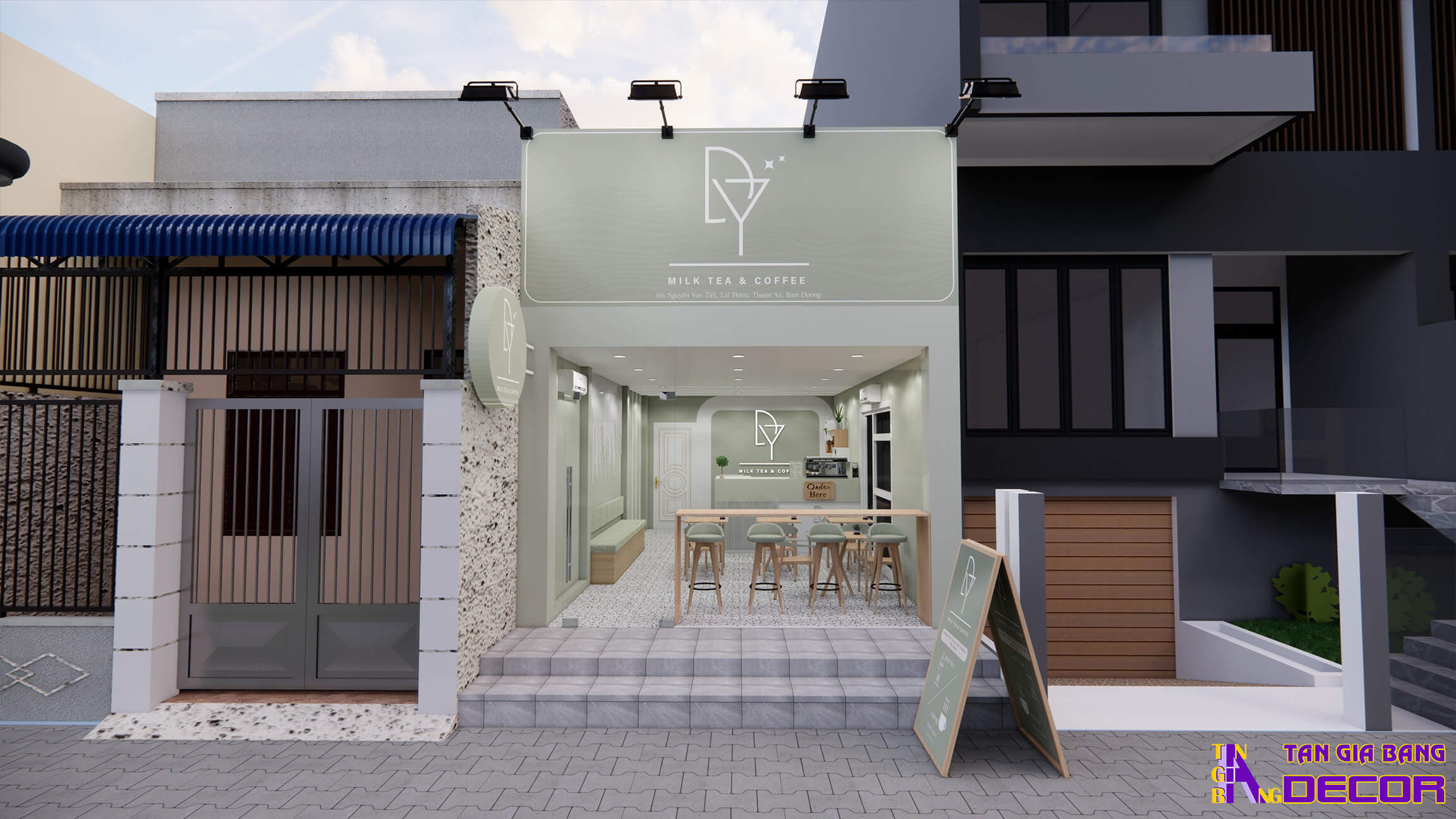 Trang trí quán trà sữa nhỏ tông màu pastel